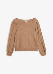 Sweter z rękawami bufkami. Brązowe swetry nierozpinane damskie bonprix, bez wzorów, bez kołnierzyka, bez ramiączek. Za 139.99 zł.