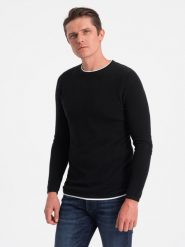 Bawełniany sweter męski z okrągłym dekoltem - czarny V1 OM-SWSW-0103 - XXL. Czarne swetry męskie Ombre Clothing, l, bez wzorów, z bawełny, klasyczne, bez kołnierzyka, bez ramiączek. W wyprzedaży za 69.99 zł.