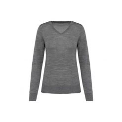 Damski sweter z merynosów z dekoltem v-neck Kariban Premium. Szare swetry nierozpinane damskie KARIBAN, na zimę, bez wzorów, z wełny, eleganckie, bez kołnierzyka, bez ramiączek. W wyprzedaży za 268.00 zł.