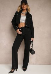 Czarne Szerokie Jeansy z Bawełną High Waist Xarseli. Czarne jeansy damskie Renee, z aplikacjami, z bawełny, klasyczne, z podwyższonym stanem. Za 139.99 zł.