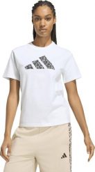 Adidas Koszulka damska adidas Animal Graphic biała KT9719 L. Białe bluzki damskie Adidas, l, bez wzorów, bez kołnierzyka, bez ramiączek. Za 117.71 zł.