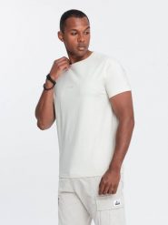 Męska bawełniana koszulka z delikatnym haftem – kremowa V2 OM-TSCT-0170 - XL. Białe t-shirty męskie Ombre Clothing, l, bez wzorów, z bawełny, bez kołnierzyka, bez ramiączek. W wyprzedaży za 29.99 zł.