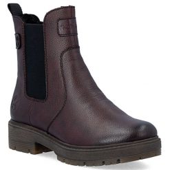 Skórzane botki damskie sztyblety ocieplane bordowe Rieker 75860-35. Czerwone botki damskie Rieker, bez wzorów, ze skóry, bez obcasa, bez zapięcia. Za 429.00 zł.