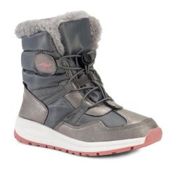 Śniegowce juniorskie KangaROOS K-PE Ski RTX. Szare buty zimowe męskie KangaRoos, na zimę, bez wzorów, bez obcasa, bez zapięcia. Za 239.99 zł.