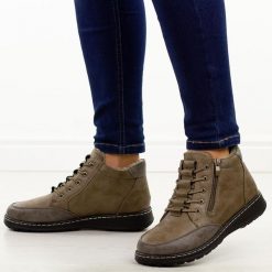 Khaki botki damskie Potocki 90347. Brązowe botki damskie POTOCKI, na jesień, bez wzorów, z jeansu, eleganckie, z okrągłym noskiem, bez obcasa, na płaskiej podeszwie, bez zapięcia. Za 169.00 zł.
