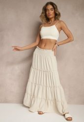 Jasnobeżowa Rozkloszowana Spódnica z Gumką w Talii Zdobiona Falbanami Dovinelle. Brązowe spódnice damskie Renee, na co dzień, l, z aplikacjami, eleganckie, maxi, rozkloszowane. Za 44.99 zł.