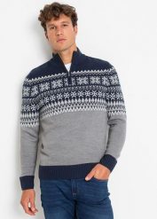 Sweter w norweski wzór ze stójką z zamkiem. Szare swetry męskie bonprix, l, bez wzorów, bez kołnierzyka, bez ramiączek. Za 109.99 zł.