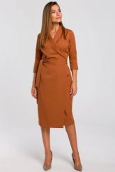 Elegancka sukienka biznesowa kopertowa midi z paskiem ruda. Brązowe sukienki damskie Stylove, do pracy, l, bez wzorów, z elastanu, biznesowe, bez kołnierzyka, bez ramiączek, midi, dopasowane. Za 309.00 zł.