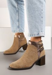 Ciemnobeżowe Botki na Obcasie Ozdobione Paskami i Klamrami Deoira. Brązowe botki damskie Born2be, na jesień, bez wzorów, z jeansu, eleganckie, bez obcasa, na obcasie, bez zapięcia. Za 139.99 zł.