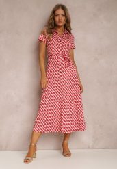 Czerwona Sukienka Prixia. Czerwone sukienki damskie Renee, l, bez wzorów, z materiału, eleganckie, bez kołnierzyka, bez ramiączek, midi, koszulowe. Za 139.99 zł.
