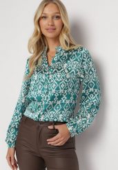 Zielona Koszula we Wzorzysty Print Enzoa. Zielone koszule damskie Born2be, m, bez wzorów, bez kołnierzyka, bez ramiączek. Za 49.99 zł.
