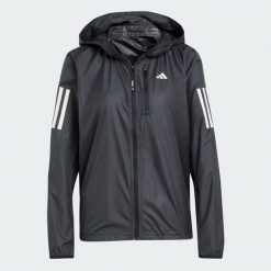 Kurtka Own The Run. Czarne kurtki sportowe damskie Adidas, m, bez wzorów, z materiału, bez ramiączek, z kapturem, do biegania. Za 319.00 zł.