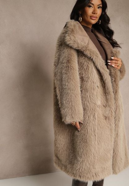 Ciemnobeżowy Dwurzędowy Płaszcz Futerko o Dwustronnym Kroju z Kołnierzem Nalaneva. Brązowe płaszcze damskie Renee, l, bez wzorów, z futra, eleganckie, bez kołnierzyka, bez kaptura. Za 449.99 zł.