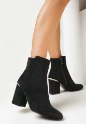 Czarne Botki na Słupku z Metaliczną Wstawką Alessandrina. Czarne botki damskie Born2be, na zimę, bez wzorów, z materiału, klasyczne, z okrągłym noskiem, bez obcasa, na obcasie, bez zapięcia. Za 99.99 zł.