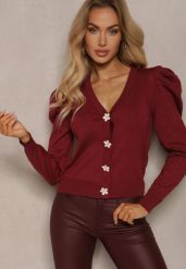 Bordowy Rozpinany Kardigan z Wiskozą Ozdobiony Guzikami Kwiatkami Enarine. Czerwone kardigany damskie Renee, uniwersalny, bez wzorów, z jeansu, eleganckie, bez kołnierzyka. Za 119.99 zł.