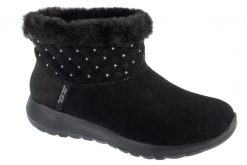 Buty zimowe damskie, Slip-Ins: On-The-Go Joy - Cozy Shimmer. Czarne obuwie trekkingowe damskie Skechers, z materiału, bez zapięcia. Za 449.99 zł.