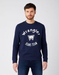 WRANGLER CREW SWEAT MĘSKA BLUZA KLASYCZNA NAVY W6M8HY114 112141491. Niebieskie bluzy męskie Wrangler, m, bez wzorów, z bawełny, klasyczne, bez ramiączek, bez kaptura. W wyprzedaży za 79.99 zł.