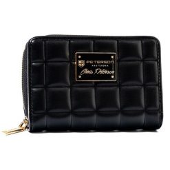 Pikowany, czarny portfel damski ze skóry ekologicznej zamykany na zatrzask i suwak - Peterson. Czarne portfele damskie Peterson, ze skóry ekologicznej. Za 36.00 zł.