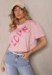 Różowy Krótki T-shirt Oversize z Bawełny z Ozdobnym Napisem Sanillva. Czerwone t-shirty damskie Renee, m, bez wzorów, z bawełny, bez kołnierzyka, bez ramiączek. Za 39.99 zł.