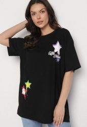 Czarny T-shirt z Bawełną Ozdobiony Gwiazdami Karretia. Czarne t-shirty damskie Born2be, m, bez wzorów, z bawełny, eleganckie, bez kołnierzyka, bez ramiączek. Za 49.99 zł.