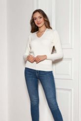 Sweter w Serek z Dzianiny w Prążek - Ecru. Brązowe swetry nierozpinane damskie Lanti, l, bez wzorów, z dzianiny, bez kołnierzyka, bez ramiączek. Za 229.90 zł.