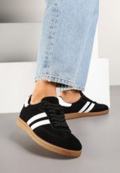 Czarne Skórzane Sneakersy w Stylu Tenisówek Ozdobione Paskami Alisira. Czarne obuwie sportowe damskie Born2be, bez wzorów, z jeansu, bez zapięcia, tenisowe. Za 169.99 zł.