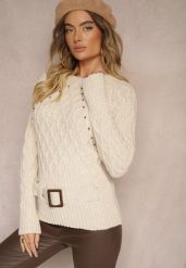 Jasnobeżowy Sweter z Ozdobnym Paskiem i Splotem Vittella. Brązowe swetry nierozpinane damskie Renee, m, z aplikacjami, z jeansu, casualowe, bez kołnierzyka, bez ramiączek. Za 109.99 zł.