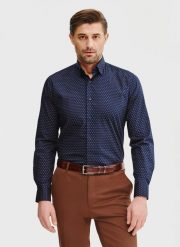 PAKO LORENTE – Granatowa koszula męska mikrowzór. Koszule męskie Pako Lorente, na lato, m, bez wzorów, z bawełny, bez kołnierzyka, bez ramiączek. Za 299.99 zł.