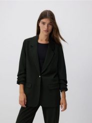 Marynarka z marszczonymi rękawami - morski. Zielone marynarki i żakiety damskie Reserved, bez wzorów, z tkaniny, bez kołnierzyka, bez ramiączek. W wyprzedaży za 99.99 zł.