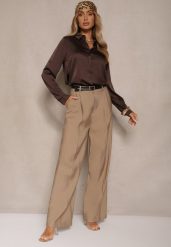 Beżowe Garniturowe Spodnie High Waist o Szerokim Kroju Efrase. Brązowe spodnie materiałowe damskie Renee, bez wzorów, z jeansu, z podwyższonym stanem. Za 89.99 zł.