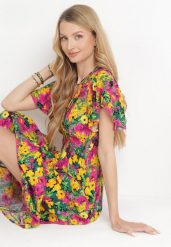 Żółto-Fuksjowa Wiskozowa Sukienka Maxi w Kwiaty z Gumką w Talii i Kopertowym Dekoltem Trelline. Żółte sukienki damskie Born2be, l, bez wzorów, z wiskozy, bez kołnierzyka, bez ramiączek, maxi, kopertowe. Za 54.99 zł.