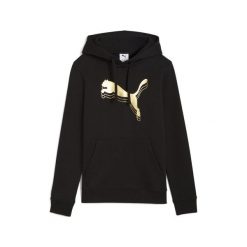 Damska bluza z kapturem ESS METALLIC PUMA Black Metallic Gold. Czarne bluzy damskie Puma, bez wzorów, prążkowane, sportowe, bez ramiączek, z kapturem. Za 249.00 zł.