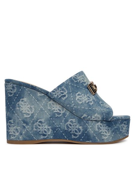 Guess Klapki FLJEV2 DEN04 Niebieski. Niebieskie klapki damskie Guess, z aplikacjami, z materiału, bez obcasa, bez zapięcia. Za 361.99 zł.