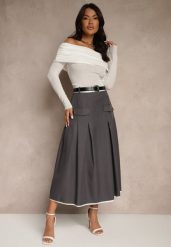 Szara Spódnica High Waist z Plisami Wykończona Imitacją Kieszeni i Paskiem Evilenes. Szare spódnice damskie Renee, do pracy, l, bez wzorów, biznesowe, z podwyższonym stanem, midi, dopasowane. Za 89.99 zł.