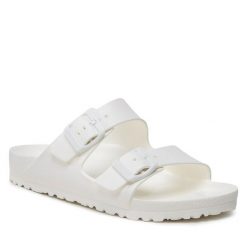 Klapki Birkenstock. Białe klapki damskie Birkenstock, bez wzorów, bez obcasa, bez zapięcia. Za 249.99 zł.