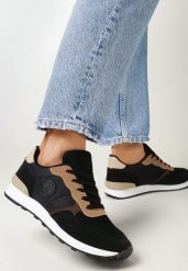 Czarne Sznurowane Sneakersy z Okrągłym Noskiem Halaina. Czarne obuwie sportowe damskie Born2be, bez wzorów, z okrągłym noskiem, bez zapięcia. Za 79.99 zł.