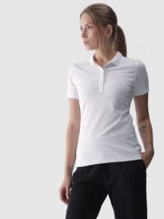 4F Koszulka polo slim damska - biała XXL. Białe bluzki damskie 4F, xs, bez wzorów, z bawełny, klasyczne, bez kołnierzyka, bez ramiączek. W wyprzedaży za 59.99 zł.