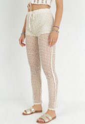 Jasnobeżowe Szydełkowe Spodnie High Waist Tegan. Brązowe spodnie materiałowe damskie Born2be, bez wzorów, z jeansu, eleganckie, z podwyższonym stanem. Za 129.99 zł.