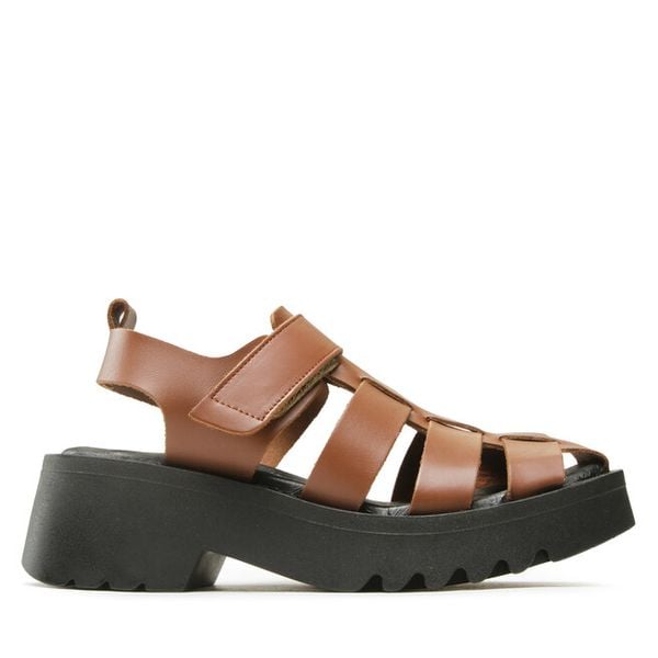 Sandały Fly London. Brązowe sandały damskie Fly London, bez wzorów, bez obcasa, na koturnie, bez zapięcia. Za 379.99 zł.