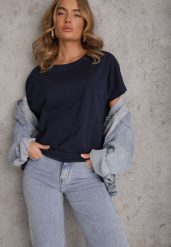 Granatowy T-shirt Basic Oversize z Bawełny Elusis. Niebieskie t-shirty damskie Renee, m, bez wzorów, z bawełny, eleganckie, bez kołnierzyka, bez ramiączek. Za 39.99 zł.