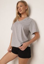 Szary T-shirt z Bawełny z Trójkątnym Dekoltem Siliphe. Szare t-shirty damskie Born2be, uniwersalny, bez wzorów, z bawełny, biznesowe, bez kołnierzyka, bez ramiączek. Za 79.99 zł.
