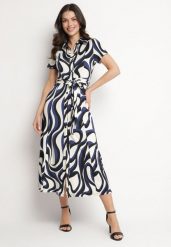 Niebieska Sukienka Koszulowa w Geometryczny Wzór z Paskiem Zimorae. Niebieskie sukienki damskie Born2be, l, bez wzorów, eleganckie, bez kołnierzyka, bez ramiączek, koszulowe. Za 159.99 zł.