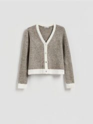 Kardigan z kontrastowymi wstawkami - brązowy. Brązowe kardigany damskie Reserved, l, bez wzorów, z dzianiny, bez kołnierzyka. Za 129.99 zł.