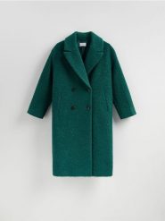 Dwurzędowy płaszcz oversize - morski. Zielone płaszcze damskie Reserved, l, bez wzorów, z tkaniny, bez kołnierzyka, bez kaptura. Za 279.99 zł.
