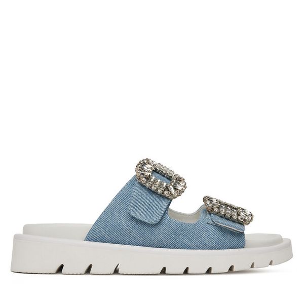 Klapki Eva Minge. Niebieskie klapki damskie Eva Minge, bez wzorów, bez obcasa, bez zapięcia. Za 303.99 zł.