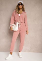 Różowe Dresowe Spodnie z Dodatkiem Bawełny High Waist z Gumką w Pasie Pesaria. Czerwone spodnie dresowe damskie Renee, bez wzorów, z bawełny, z podwyższonym stanem. Za 49.99 zł.
