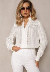 Biała Oversizowa Koszula Ozdobiona Ażurową Koronką Miaraha. Białe koszule damskie Renee, l, w ażurowe wzory, z jeansu, eleganckie, bez kołnierzyka, bez ramiączek. Za 89.99 zł.