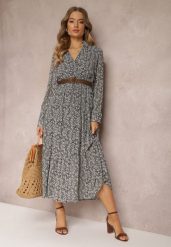 Biało-Czarna Sukienka Rozkloszowana w Kwiaty z Paskiem Rakhila. Czarne sukienki damskie Renee, na co dzień, l, bez wzorów, eleganckie, bez kołnierzyka, bez ramiączek, maxi, rozkloszowane. Za 119.99 zł.