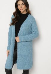 Niebieski Niezapinany Kardigan z Wełną i Wsuwanymi Kieszeniami Miandore. Niebieskie kardigany damskie Born2be, bez wzorów, z jeansu, eleganckie, bez kołnierzyka. Za 169.99 zł.