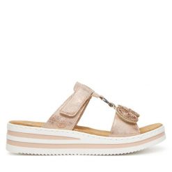 Klapki Rieker. Czerwone klapki damskie Rieker, bez wzorów, bez obcasa, bez zapięcia. Za 329.99 zł.